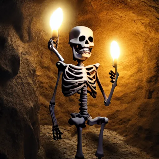 Image similar to a skeleton holding a latern in cave, hyper detailed, high quality, 8k, fantasy