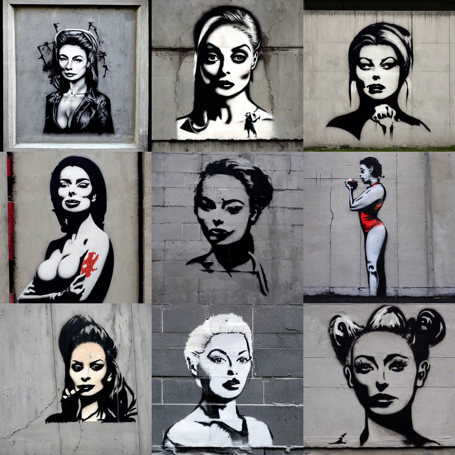 Prompt: portrait of isabelledeltore on concrete, by banksy