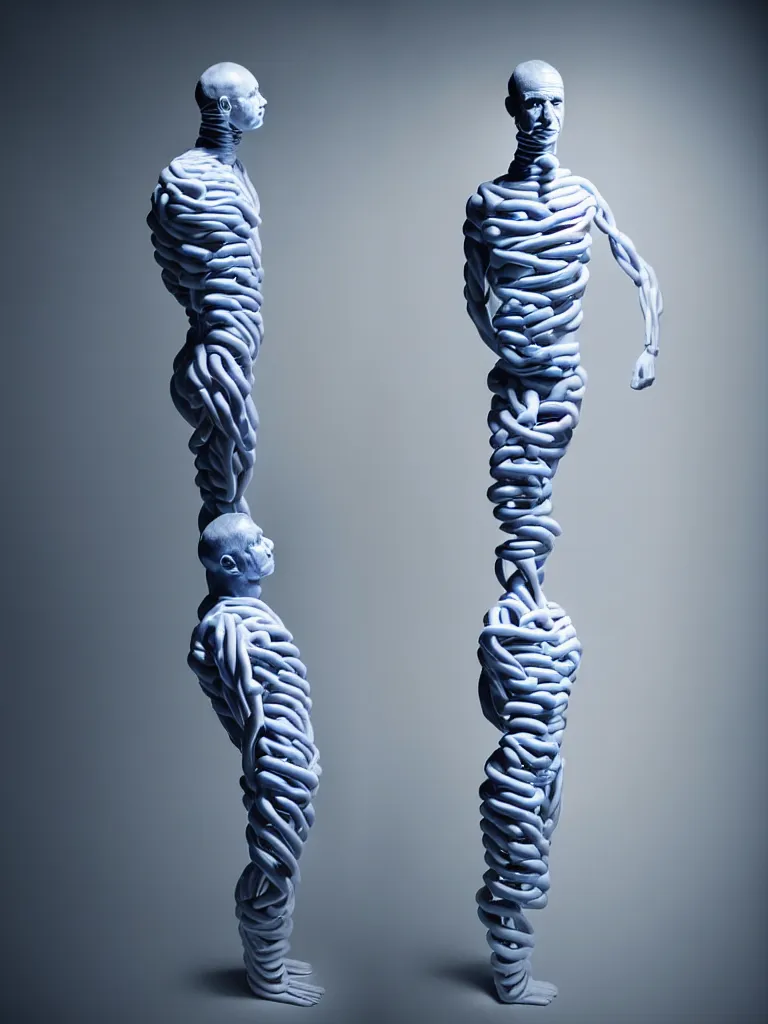 Image similar to a fine art photograph formal self sculpture by the artist kelbv, in realistic style with tubes neatly navigating the contours of his body, and disjoint body pumped full with blue and white ellipsoids, perfect studio lighting.