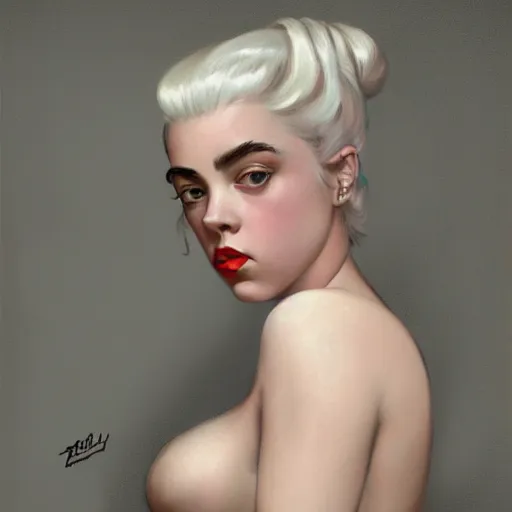 Prompt: billie eilish, 50s, pinup, intricate, highly detailed, artstation, illustration, jurgens, rutkowski, bouguereau