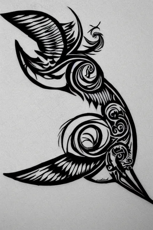 Prompt: a simple tattoo design of birds flying in a 3 spiral, black ink, logo