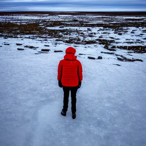 Prompt: portrait of an eskimo standing on ice in the arctic tundra littered with plastics