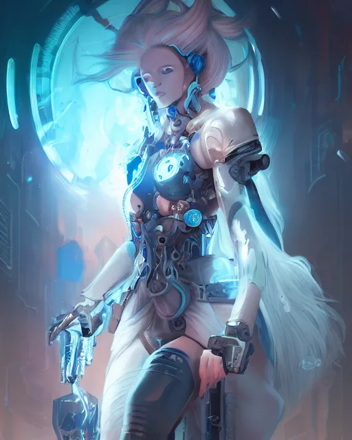 Prompt: holy cyborg necromancer girl, elegant, scifi, futuristic, utopia, garden, illustration, atmosphere, top lighting, blue eyes, white hair, focused, artstation, highly detailed, art by yuhong ding and chengwei pan and serafleur and ina wong