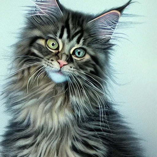 Image similar to extremely detailed portrait of a wise maine coon explaining the beauty of mathematics to its kitten. highly detailed lifelike photorealistic digital painting, artstation.