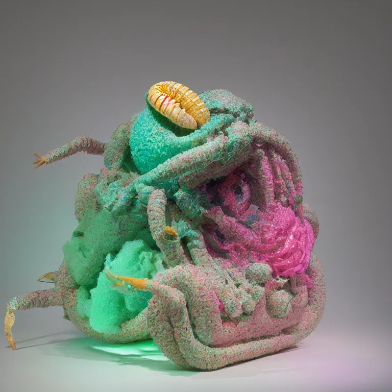 Prompt: hyperrealistic sculpture of a lightning whelk hermit crab dusted with rose and seafoam and hunter green spraypaint in a grid cage on a pedestal by ron mueck and duane hanson and lee bontecou, hyperrealistic dramatic colored lighting trending on artstation 8 k