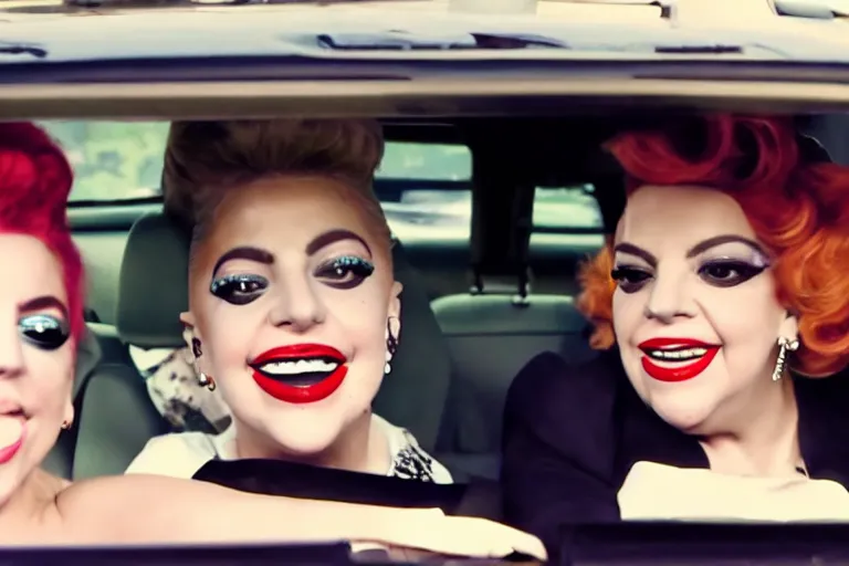 Image similar to carpool karaoke screenshot of lady gaga and judy garland, highly realistic, highly detailed, high resolution, 8 k 4 k,