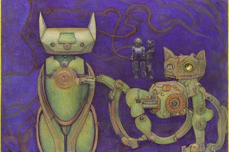 Image similar to mechanical robot cat, by annie swynnerton and diego rivera and nicholas roerich and jean delville, symbolist, dramatic lighting, elaborate geometric ornament, art brut, colors are soft greens and blues and purple, smooth, sharp focus, extremely detailed, adolf wolfli and ( donato giancola )