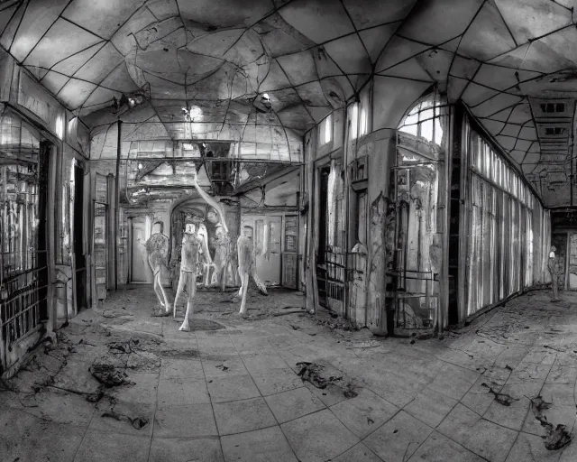 Prompt: camera footage of a several weeping angels, False Human Features, Phasing through walls and floor in an abandoned shopping mall, Psychic Mind flayer, Terrifying, Insanity :7 , high exposure, dark, monochrome, camera, grainy, CCTV, security camera footage, timestamp, zoomed in, Feral, fish-eye lens, Fast, Radiation Mutated, Nightmare Fuel, Ancient Evil, No Escape, Motion Blur, horrifying, lunging at camera :4 bloody dead body, blood on floors, windows and walls :5