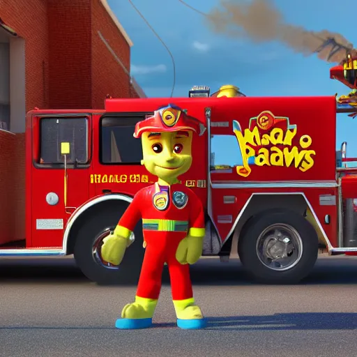 Image similar to marshall standing next to his fire truck holding a water hose in his hands to extinguish the burning paw patrol base in front of him, movie poster, 8 k, trending on artstation, octane render, volumetric smoke and shadows, realistic lighting