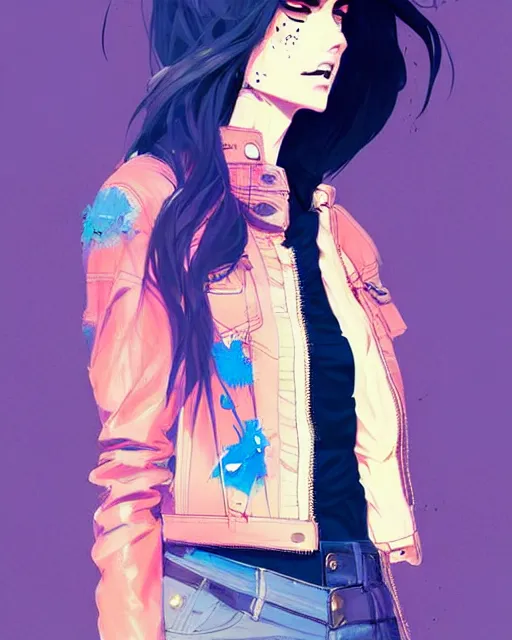 Image similar to a ultradetailed beautiful painting of a stylish woman in a denim jacket and shorts, by conrad roset, greg rutkowski and makoto shinkai trending on artstation