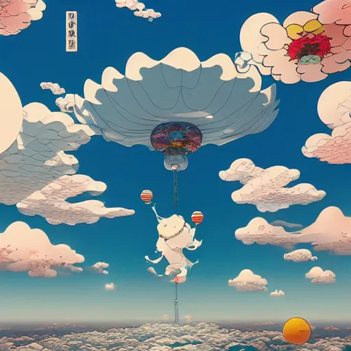 Image similar to a man walking on clouds above kyoto by takashi murakami, beeple and james jean, aya takano color style, 4 k, super detailed, modern, 4 k