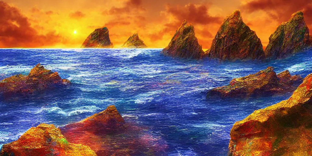 Prompt: glittering multicolored crystal cliffs, viewed from the ocean, high quality digital art,