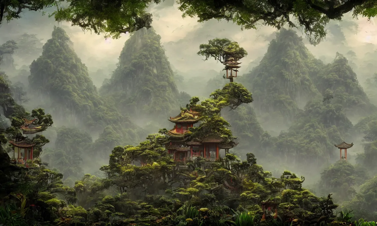 Image similar to misterious temple in the jungle in chinese style ， super wide angle, magnificent and gorgeous atmosphere ， matte painting ， rtx on ， by moebius, neil blevins and jordan grimmer ， trending on cgsociety and artstation, unreal engine ， volumetric light ， surreal