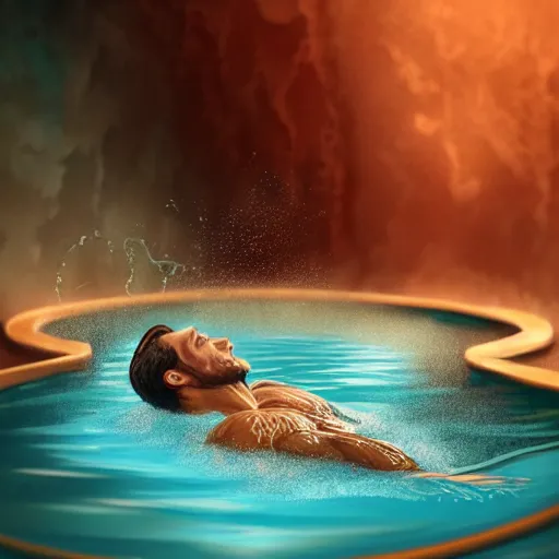 Prompt: an intricate concept illustration of a man swimming inside a hot coffee pool , surreal, fantasy, highly detailed, cinematic lighting, Artstation, concept art, hyper realistic, cgsociety