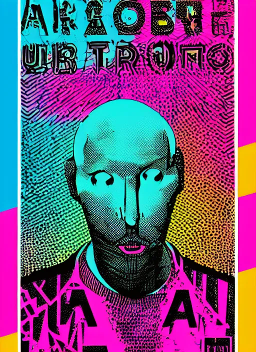 Prompt: a portrait of a poster for an underground techno rave with bold graphic design and unique fonts using very bold imagery and typesetting, risograph by art chantry, screenprinted risograph colors, halftone dots, streetwear graphic design, 4 k hd, artstation