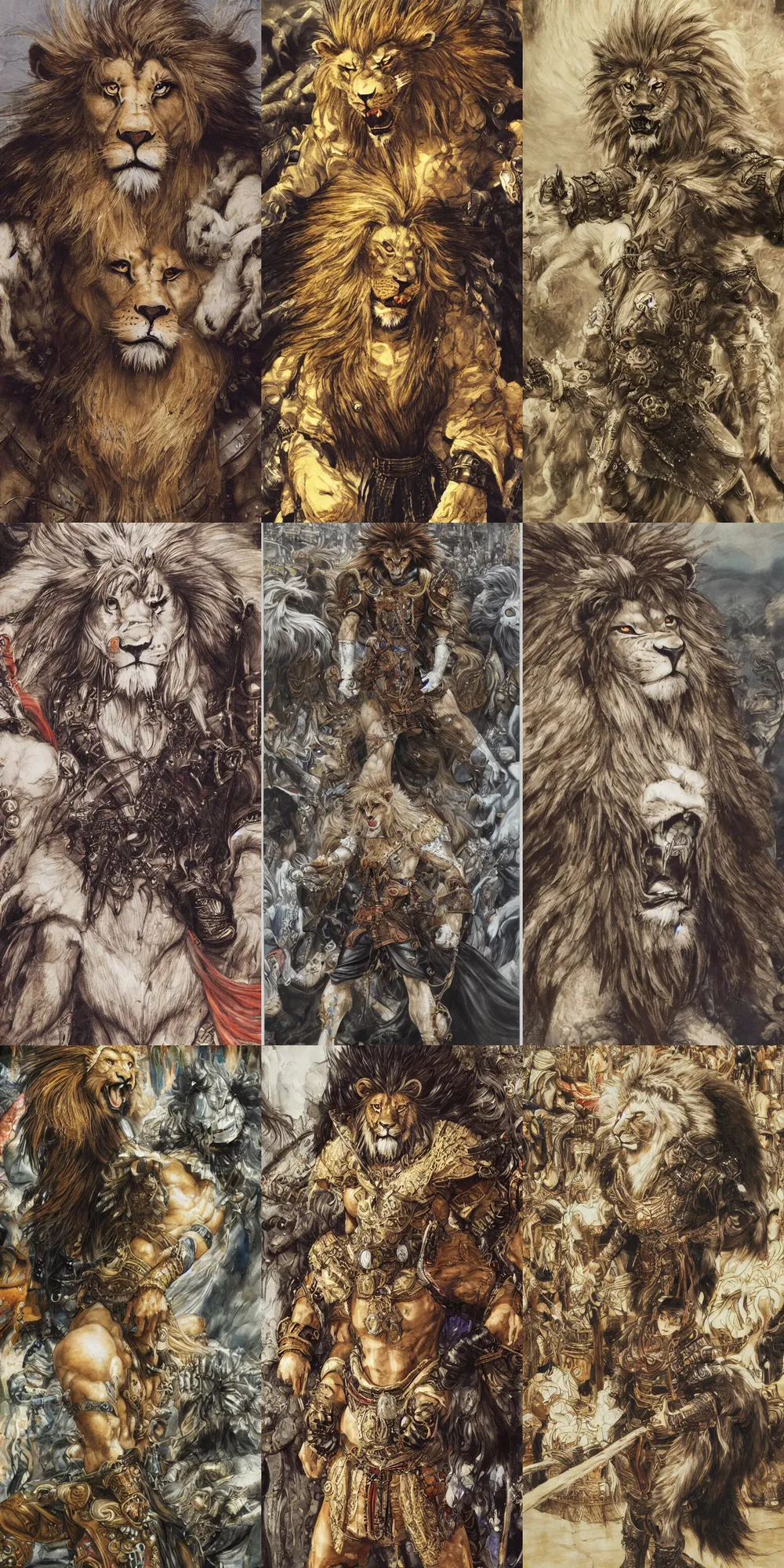 Image similar to 8 k yoshitaka amano painting of upper body of a young cool looking lion beastman with white mane at a medieval market at windy day. depth of field. he is wearing complex fantasy clothing. he has huge paws. renaissance style lighting.