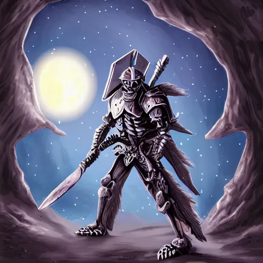 Prompt: skeleton knight in another world use magic axe slay the huge dark crystal on the moon, high detailed digital paint