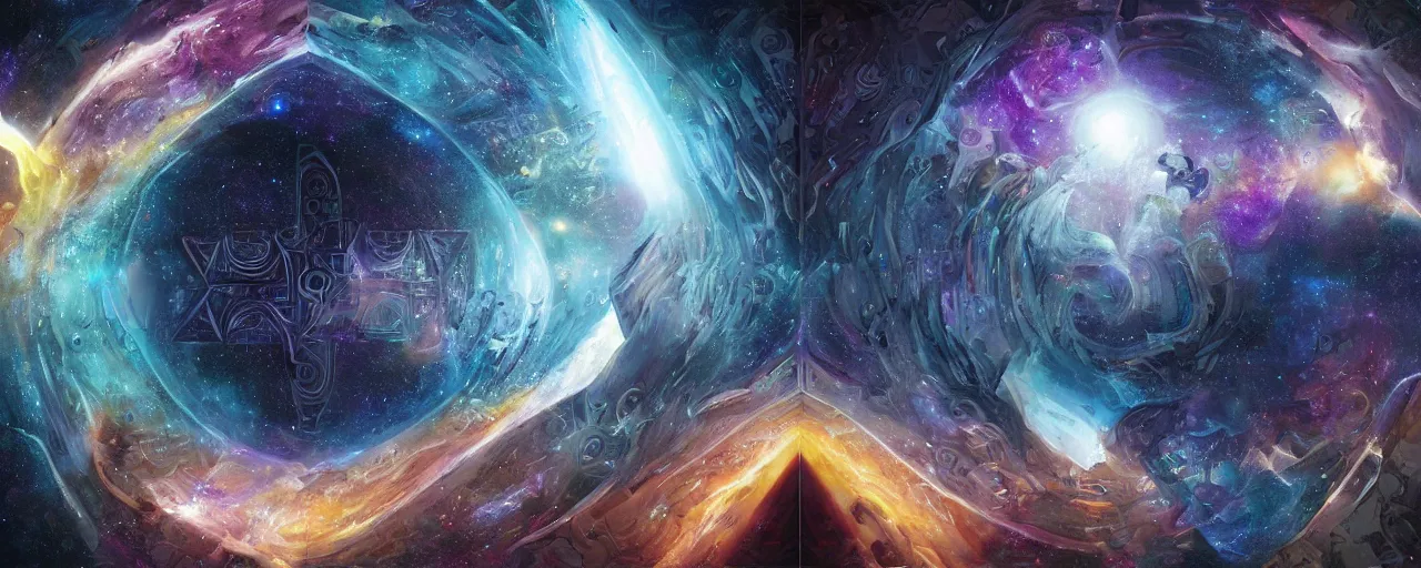 Image similar to void manifold, timeline nexus, ascending universes, shining nordic runes, galaxy worth of computation, an illustration of philosophical concept by cgsociety and james gurney