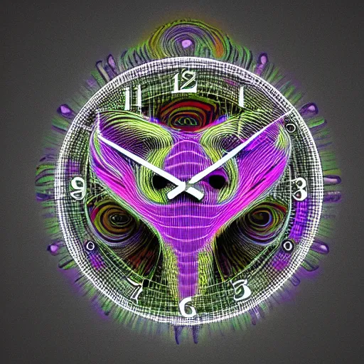 Image similar to a trippy coo coo clock face psychedelic art 3 d