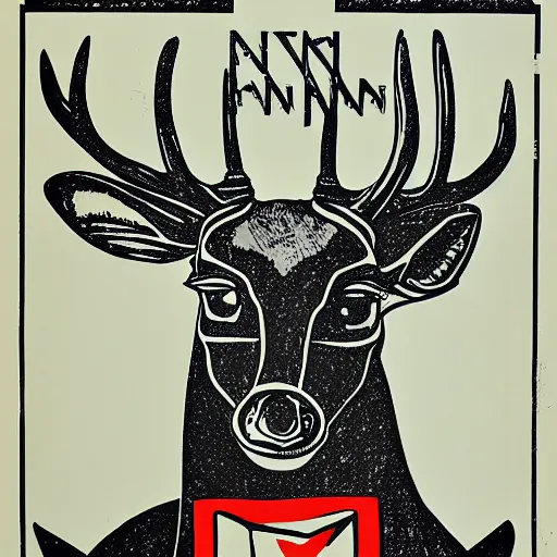 Image similar to propaganda Poster of a symmetric mechanical deer