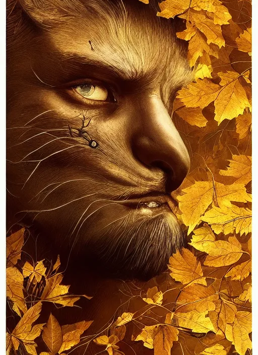 Prompt: golden leaves at frame border, creative!!! composition for a book cover, absurdly beautiful, ultrafine hyperrealistic detailed animal face by wlop and artgerm and greg rutkowski, intricate linework, sharp focus, smooth, octopath traveler, final fantasy, unreal engine, dramatic lighting, ethereal, 8 k