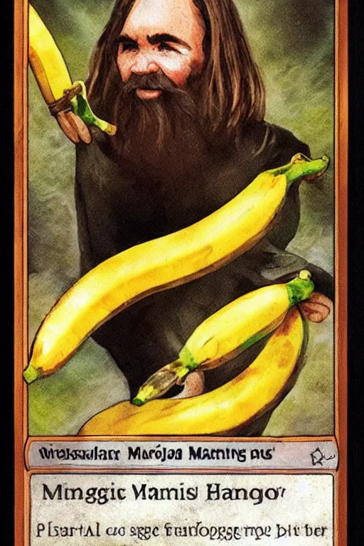 Image similar to magic the gathering card depicting charles manson slipping on a banana peel