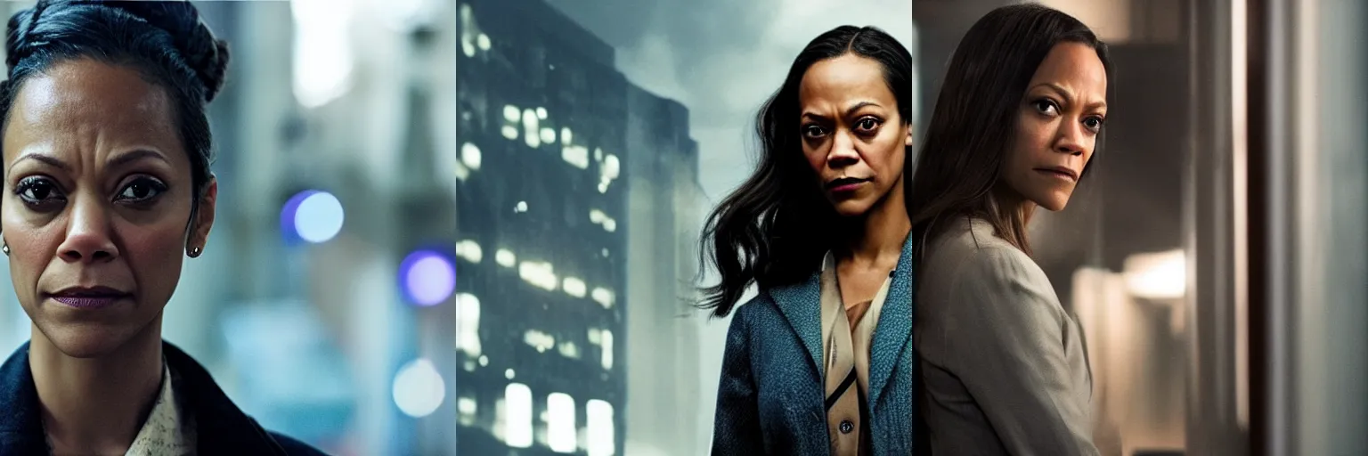 Prompt: close-up of Zoe Saldana as a detective in a movie directed by Christopher Nolan, movie still frame, promotional image, imax 70 mm footage