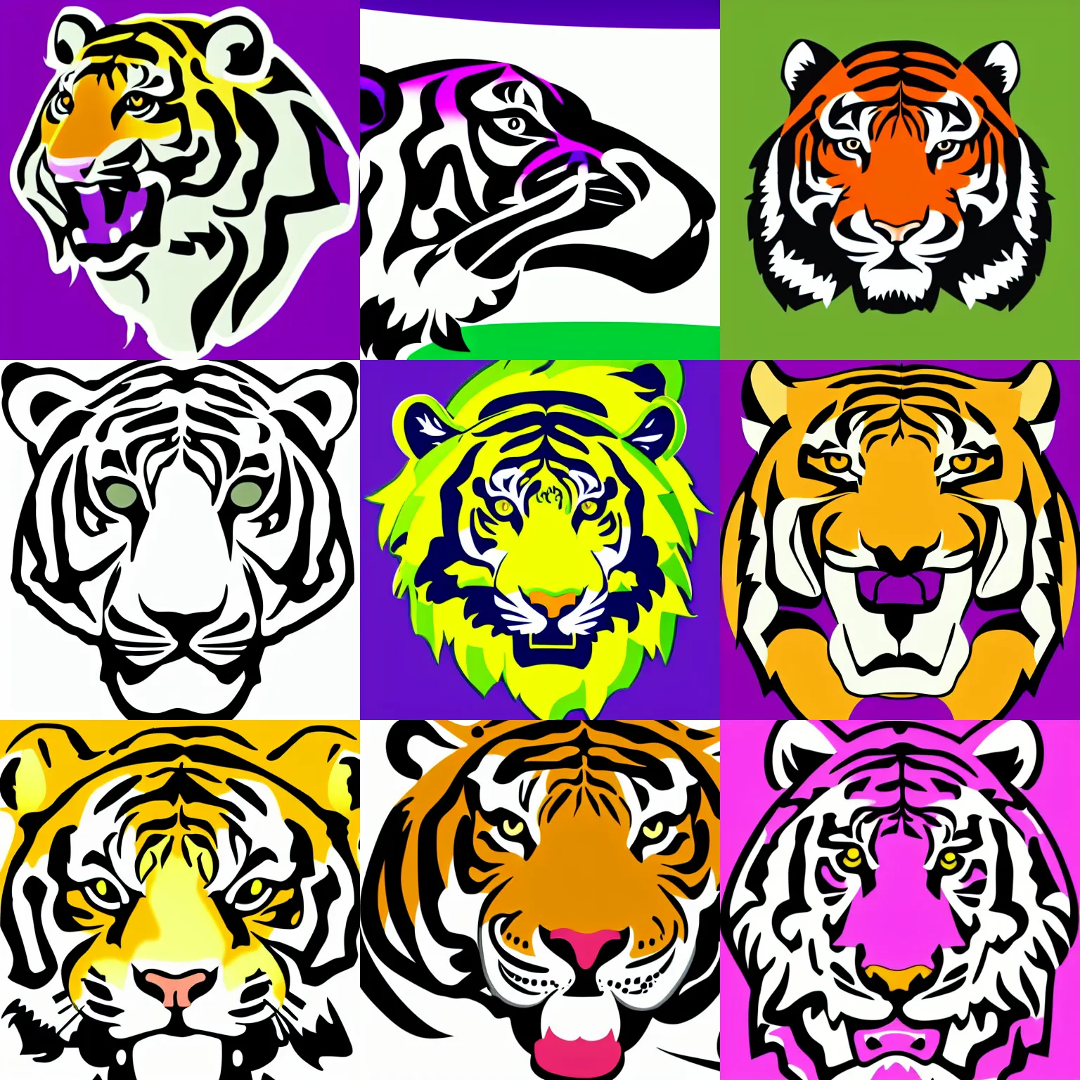 Prompt: a tiger vector graphics logo, roaring head of the tiger, side view, lime and violet highlights