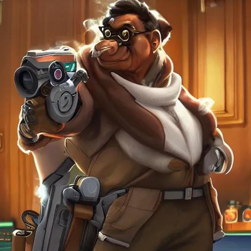 Image similar to winston from overwatch smoking weed
