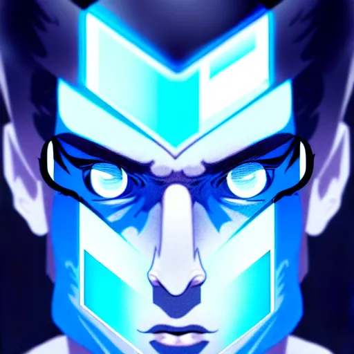 Image similar to a highly detailed portrait of a man with navy blue hair and blue glowing eyes, summoning blue transparent cubes, high detail clothing, concept art, anime, artstation, professional drawing