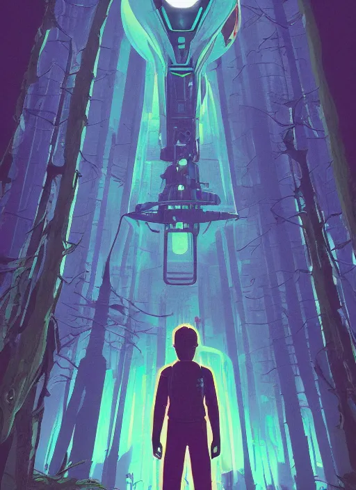 Image similar to an indie game poster of a translucent cyberpunk explorer meditating in front of a giant decaying robot head, dense forest, midnight, risograph by ghostshrimp, kawase hasui, josan gonzalez, jean giraud, moebius, colourful flat surreal design, in the style of oxenfree, super detailed, a lot of tiny details