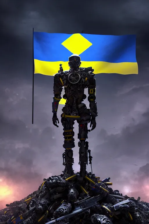 Prompt: A distant view front shot of a cyborg soldier with a Ukrainian flag behind him while he is standing on a huge pile of skulls in triumph after the battle, head is up, flag in hands, dark atmosphere, bright rays of light from the sky, beams of light, intricate, volumetric lighting, neon blue and yellow lights, highly detailed, smooth, artstation, concept art, сinematic lighting, insanely detailed, smooth, sharp focus, Artstation, 8k, unreal engine, hyper realistic, steampunk style, bright background, moonlight, volumetric lighting, wallpaper, digital illustration by Ruan Jia and Mandy Jurgens and Artgerm and Wayne Barlowe and Greg Rutkowski and Frank Frazetta