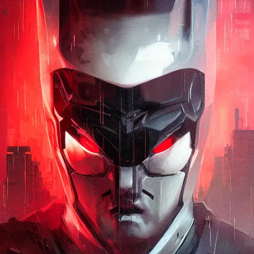 Image similar to cyberpunk batman with fullface mask, red bat logo, full shot, moody, futuristic, city background, brush strokes, oil painting, greg rutkowski