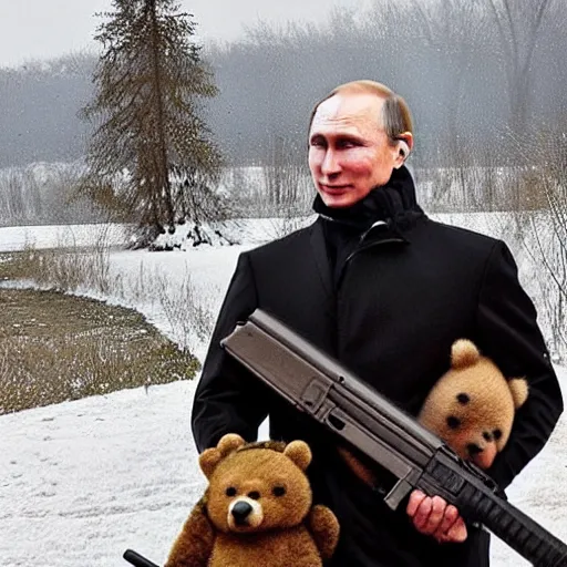 Image similar to vladimir putin riding a bear and holding a ak - 4 7