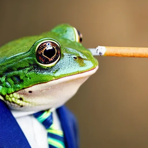 Image similar to a high detail closeup shot of a frog wearing a suit 👔,and smoking a cigarrette🚬