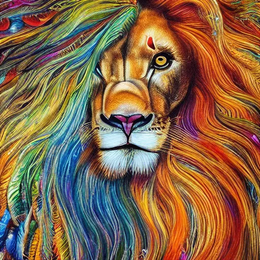 Prompt: beautiful lion with long flowing mane made of peacock feathers, detailed painting in the style of josephine wall 4 k