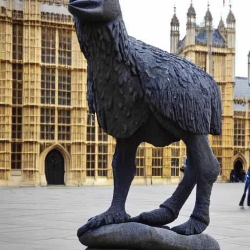 Image similar to a stone sculpture of boris johnson riding an ostrich outside the houses of parliament