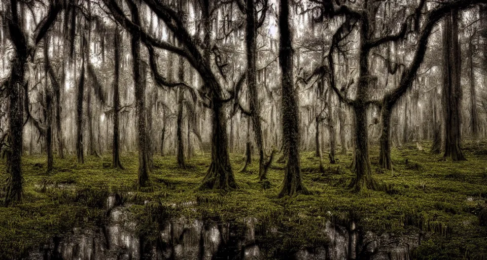 Prompt: A dense and dark enchanted forest with a swamp, by 500px