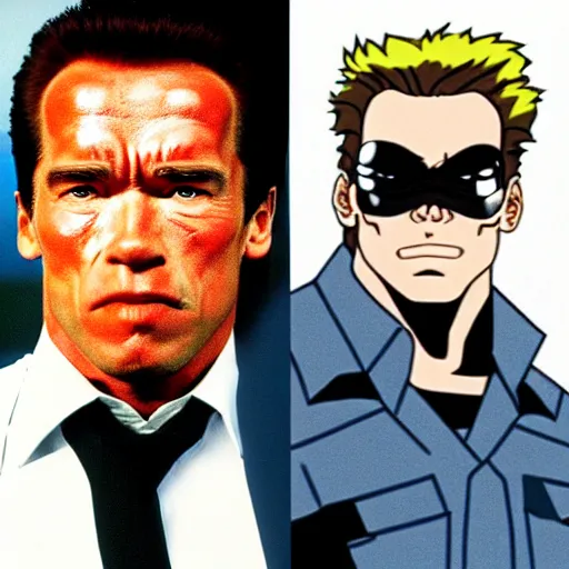 Prompt: Arnold Schwarzenegger as the Terminator, Anime Adaptation of the Police Station Scene