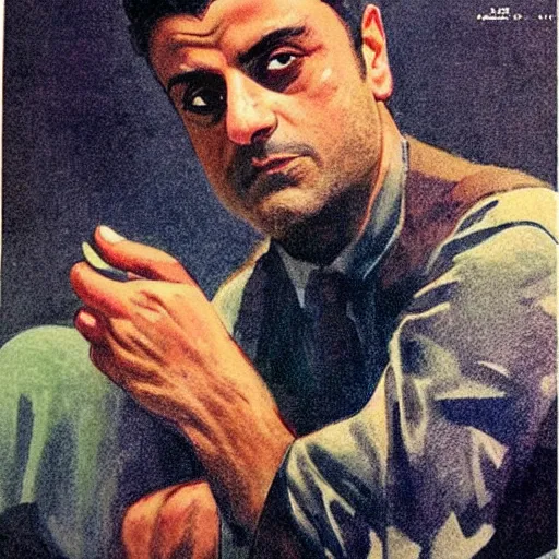 Prompt: “Oscar Isaac portrait, color vintage magazine illustration 1950”