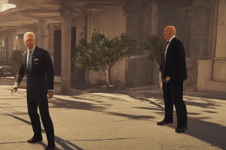 Prompt: screenshot of joe biden using fiber wire in hitman sapienza, ray tracing