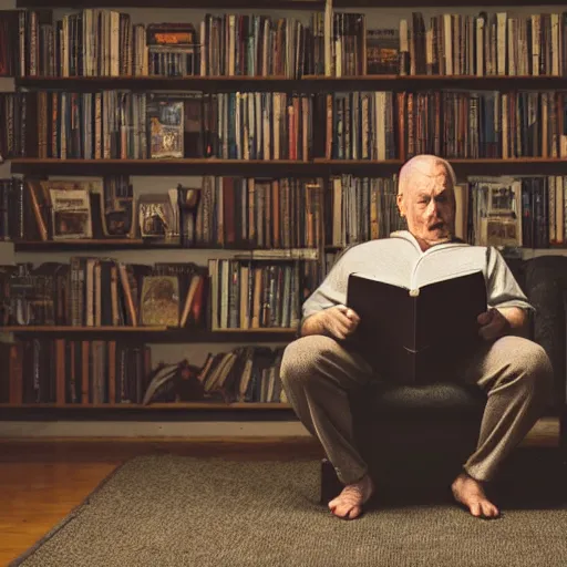 Image similar to old fatman sitting on chair reads book, light stubble, cinematic, dramatic