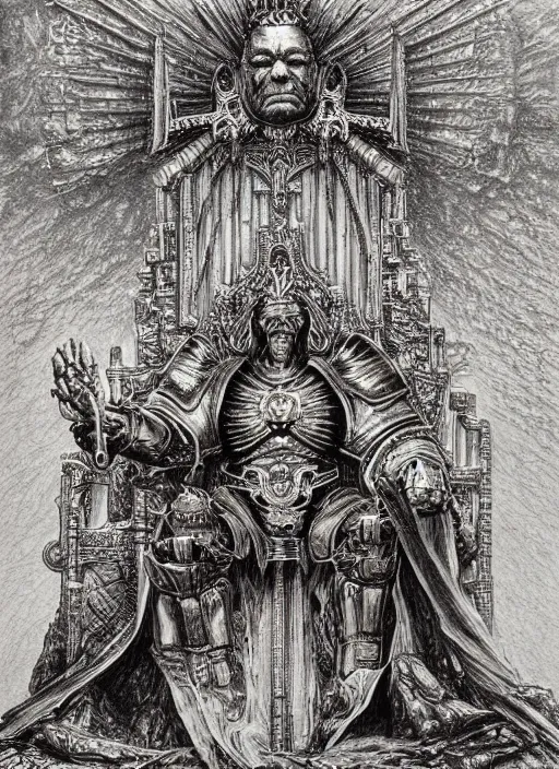 Prompt: omnious academic drawing of wh40k lichified but still regal Emperor of Mankind on his enormous golden throne by James Gurney, Beksinski and Alex Gray