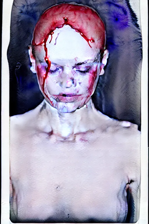 Image similar to watercolor, a liquid white clay porcelain portrait of a face melt down flow go runny, body painted with white thick fluid by marlene dumas, realistic detailed watercolor polaroid, grainy image, contrast