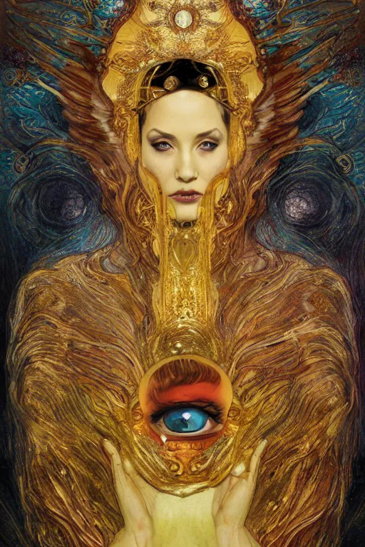 Image similar to Intermittent Chance of Chaos Muse by Karol Bak, Jean Deville, Gustav Klimt, and Vincent Van Gogh, Rebirth, Loki's Pet Project, Poe's Angel, Surreality, inspiration, imagination, sacred muse, otherworldly, fractal structures, arcane, ornate gilded medieval icon, third eye, spirals