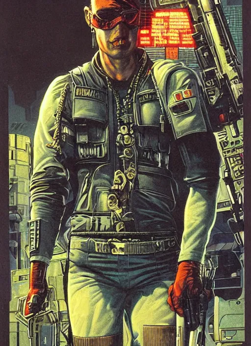 Image similar to cyberpunk mercenary. portrait by clyde caldwell and mœbius and will eisner and gil elvgren