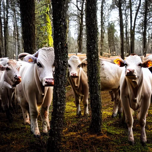 Image similar to DLSR photograph of several cows looking at the camera, in creepy forest, night-time, low lighting, eyes glinting