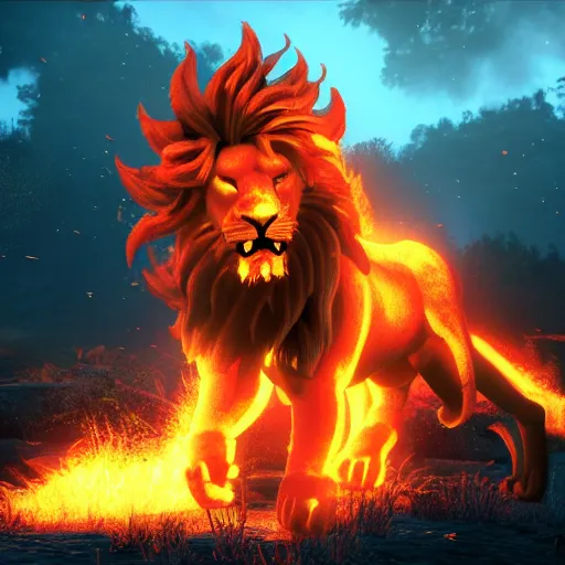 Image similar to fire lion, flaming, unreal engine