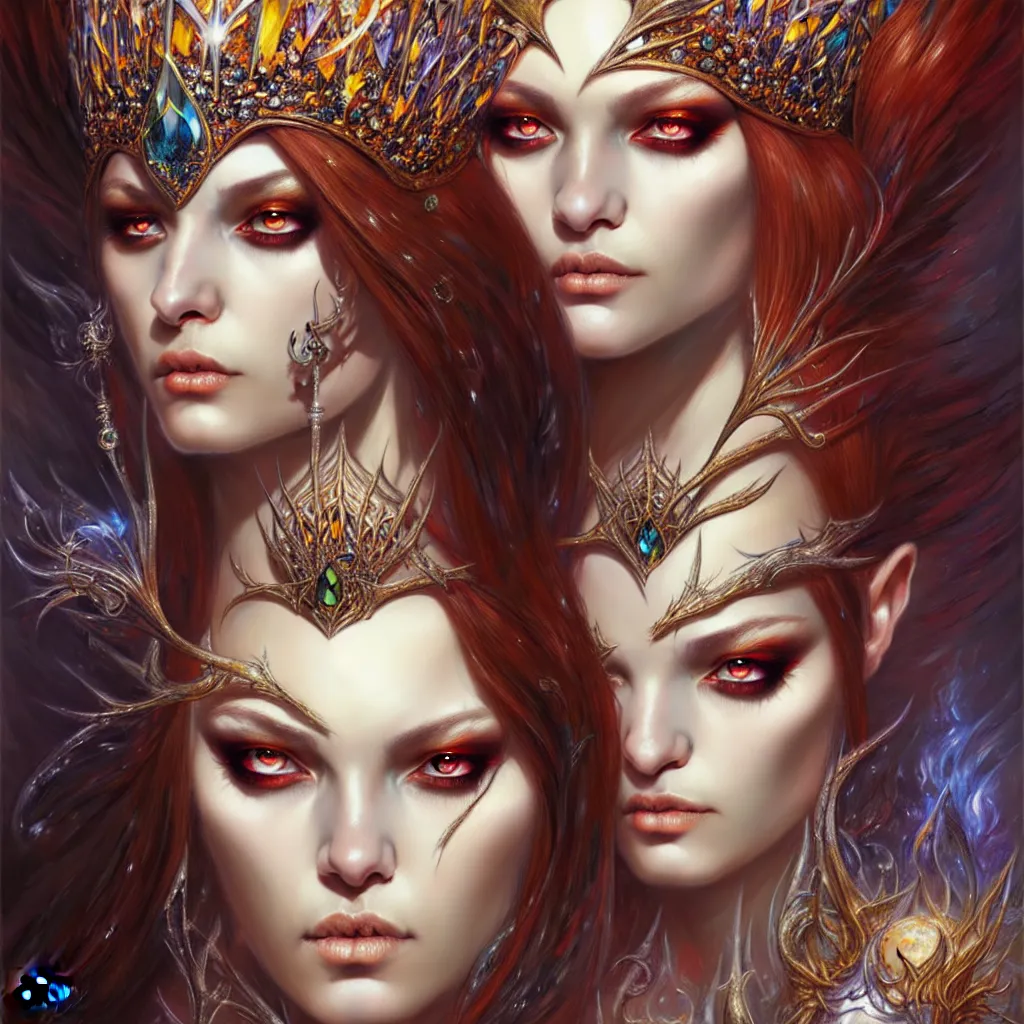 Image similar to A portrait of a jewels-crowned sorceress with vertically slit cornea eyes, by Karol Bak and Jia Ruan, artstation, very detailed, fantasy art, rpg