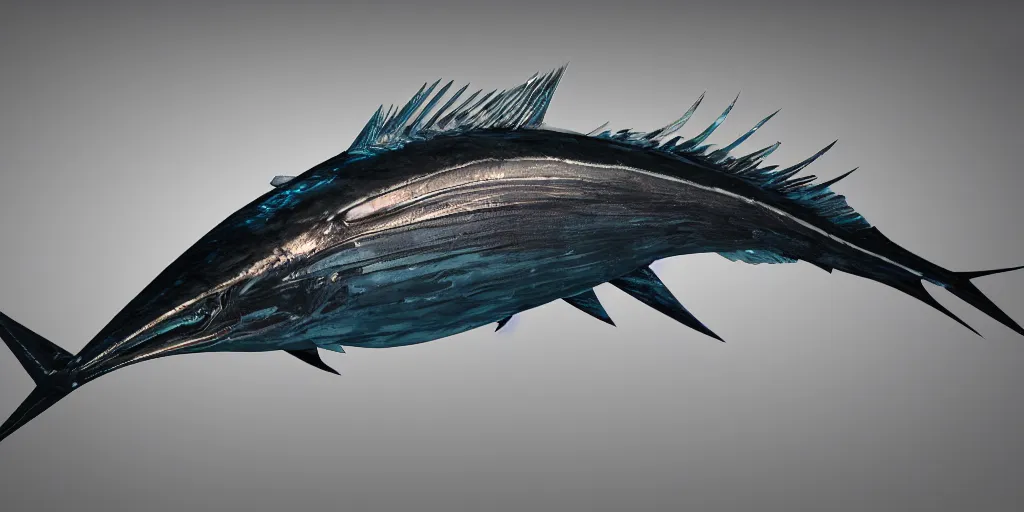 Image similar to sailfish, stylized layered textures, long flowing fins, bioluminescent orbs, 3 d render, substance painter, glowing eye, smooth, sharp focus, art by h r giger